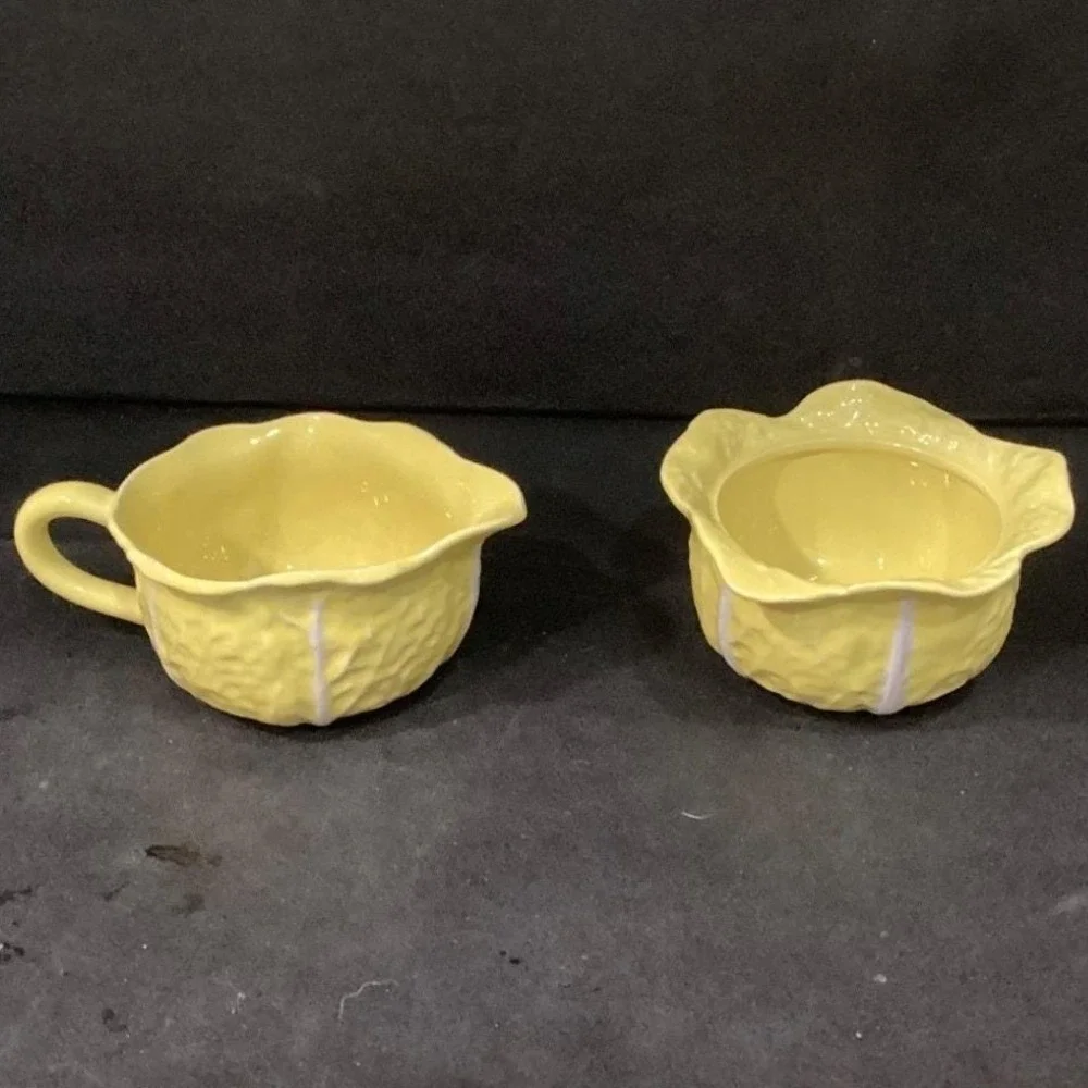 Secla Yellow Cabbage Sugar Bowl & Creamer, Vintage Portugal Majolica Tableware